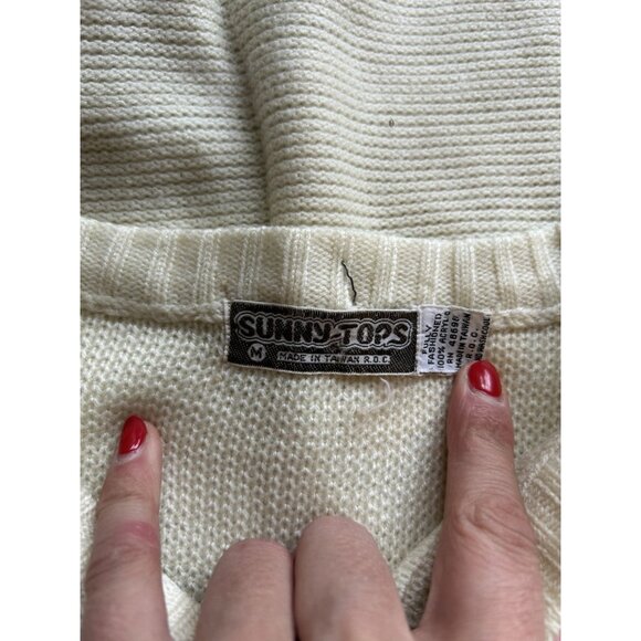 Vintage 70s Floral Stitched Waffle Thermal Knit Sweater Cottage - Picture 4 of 7